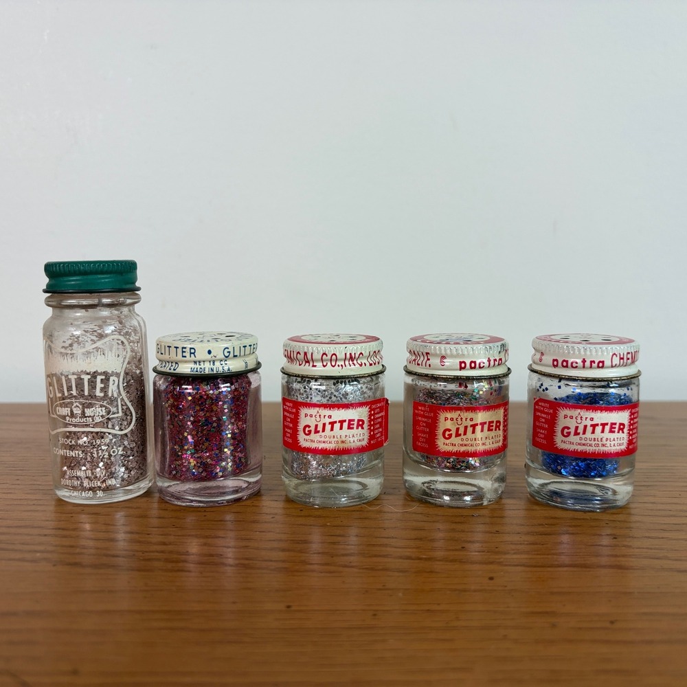 Vintage Glitter Lot Craft House Wilhold Pactra Glass Jars Silver Blue Pink Multi
